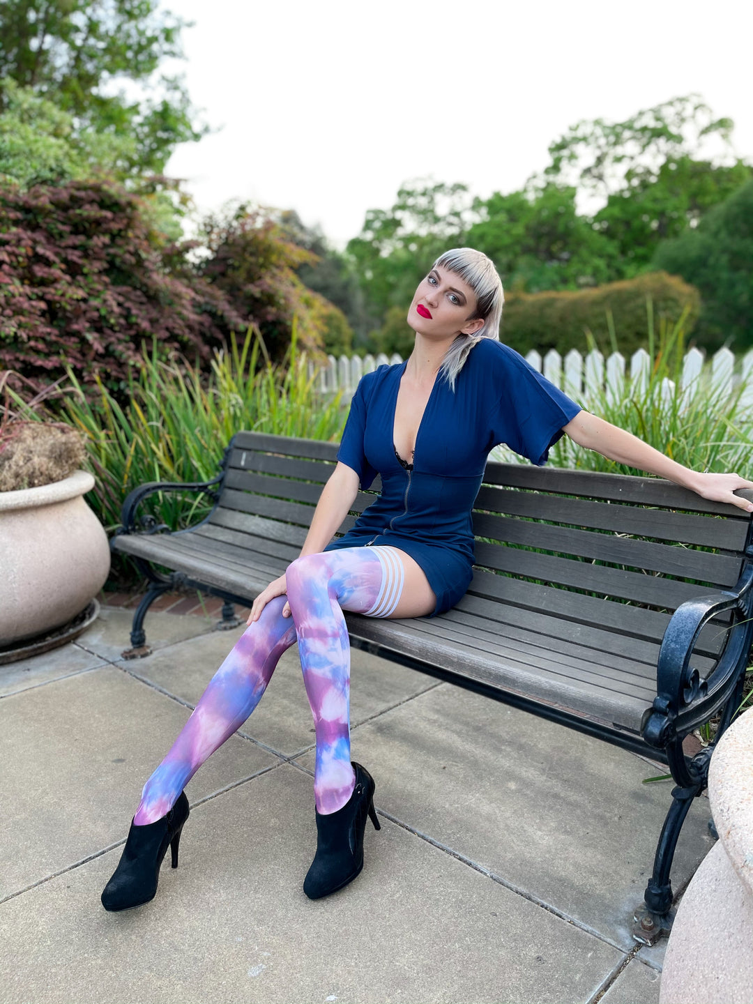 Madisen: Blue and Purple Tie Dye Thigh Highs. Petite to Plus Size