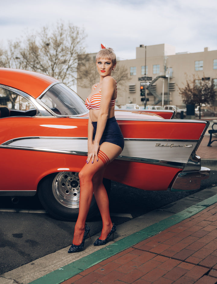 Sandra: Red Fishnet. No Regrets in These Red Nets. Petite to Plus Size Thigh Highs