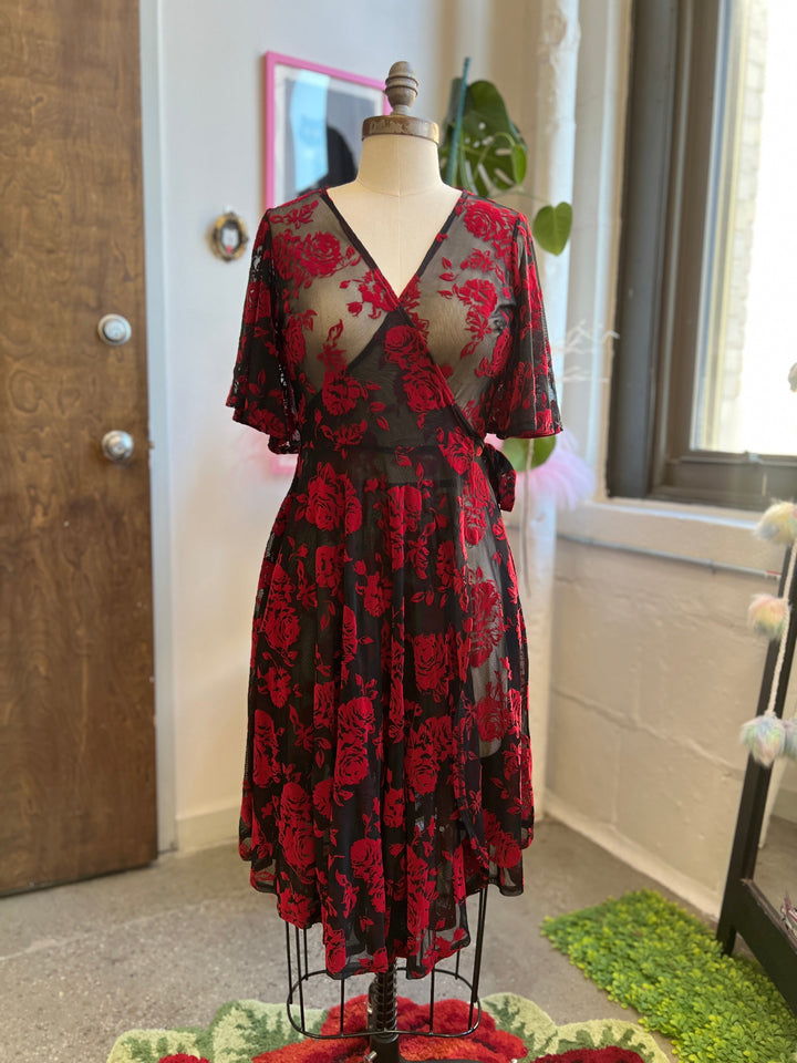 Aurora Wrap Dress in Flocked Red Roses