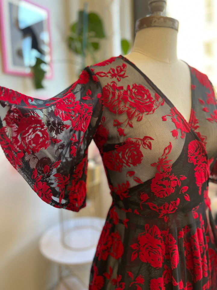 Aurora Wrap Dress in Flocked Red Roses