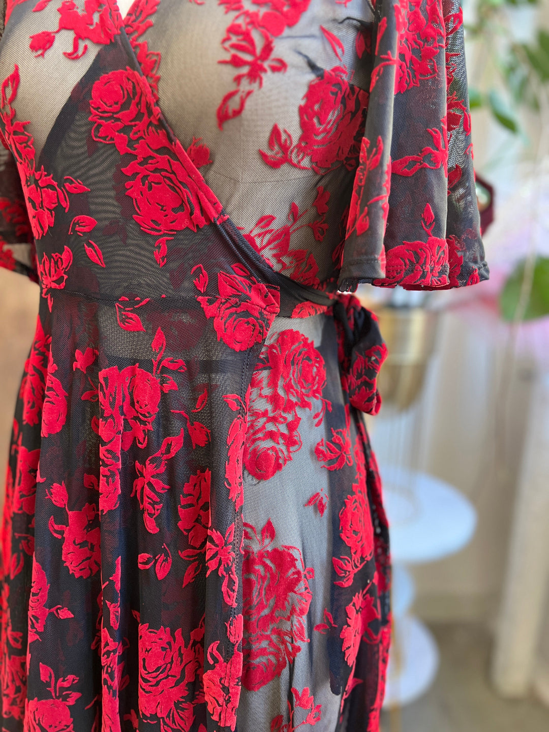 Aurora Wrap Dress in Flocked Red Roses