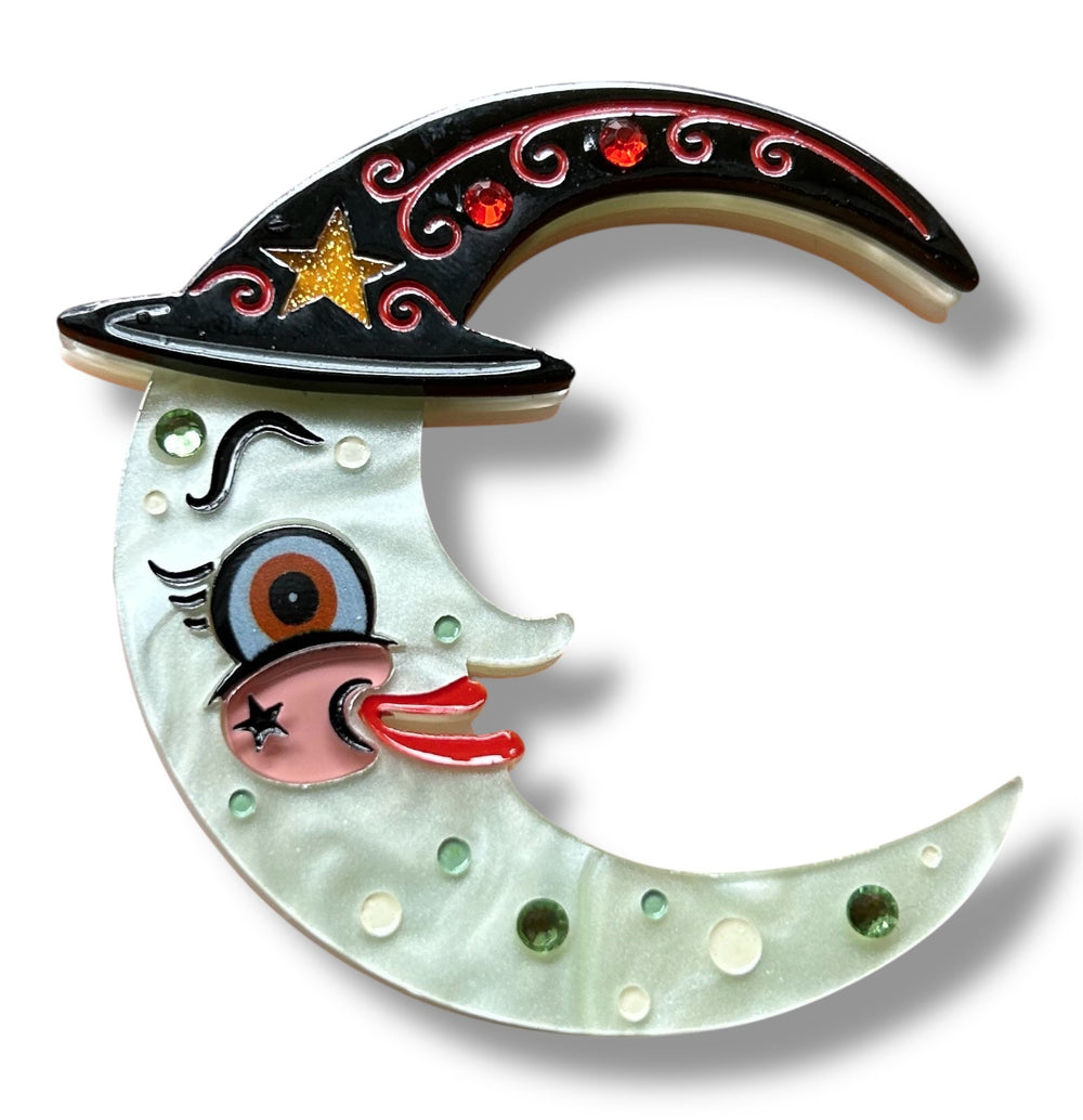 Witchy Crescent Moonhilda brooch by Johanna Parker x Lipstick & Chrome — Halloween crescent moon witch
