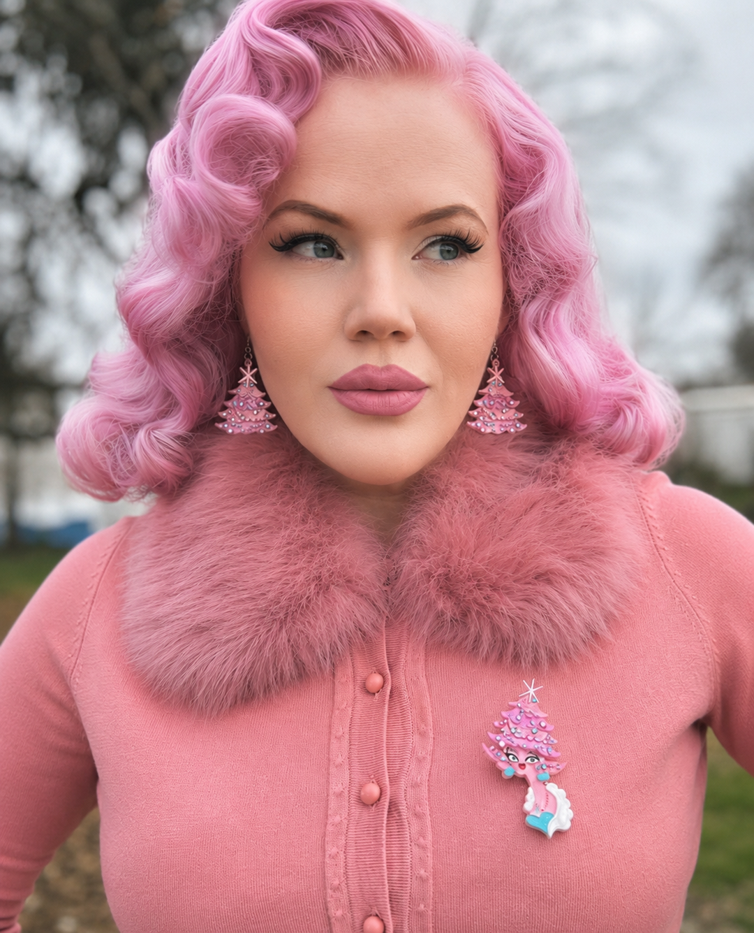 Pinkmas Glam Brooch by Miss Fluff x Lipstick & Chrome — Pink Christmas Tree Pin Model