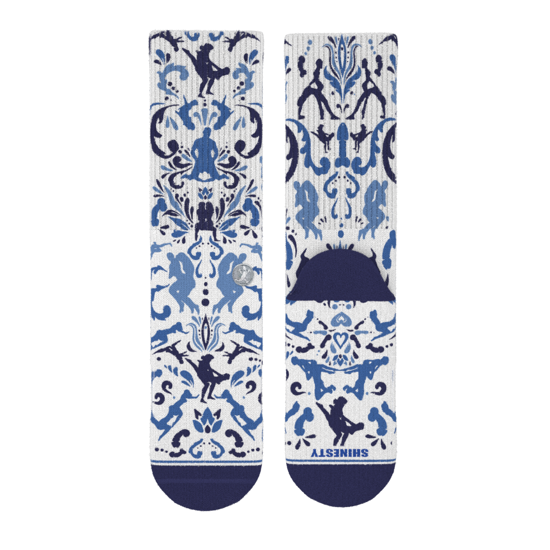 The Risqué Rorschach | Naughty Blue Willow Heel Hammock™ Crew Socks