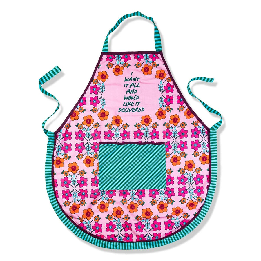 Floral apron with text on a white background