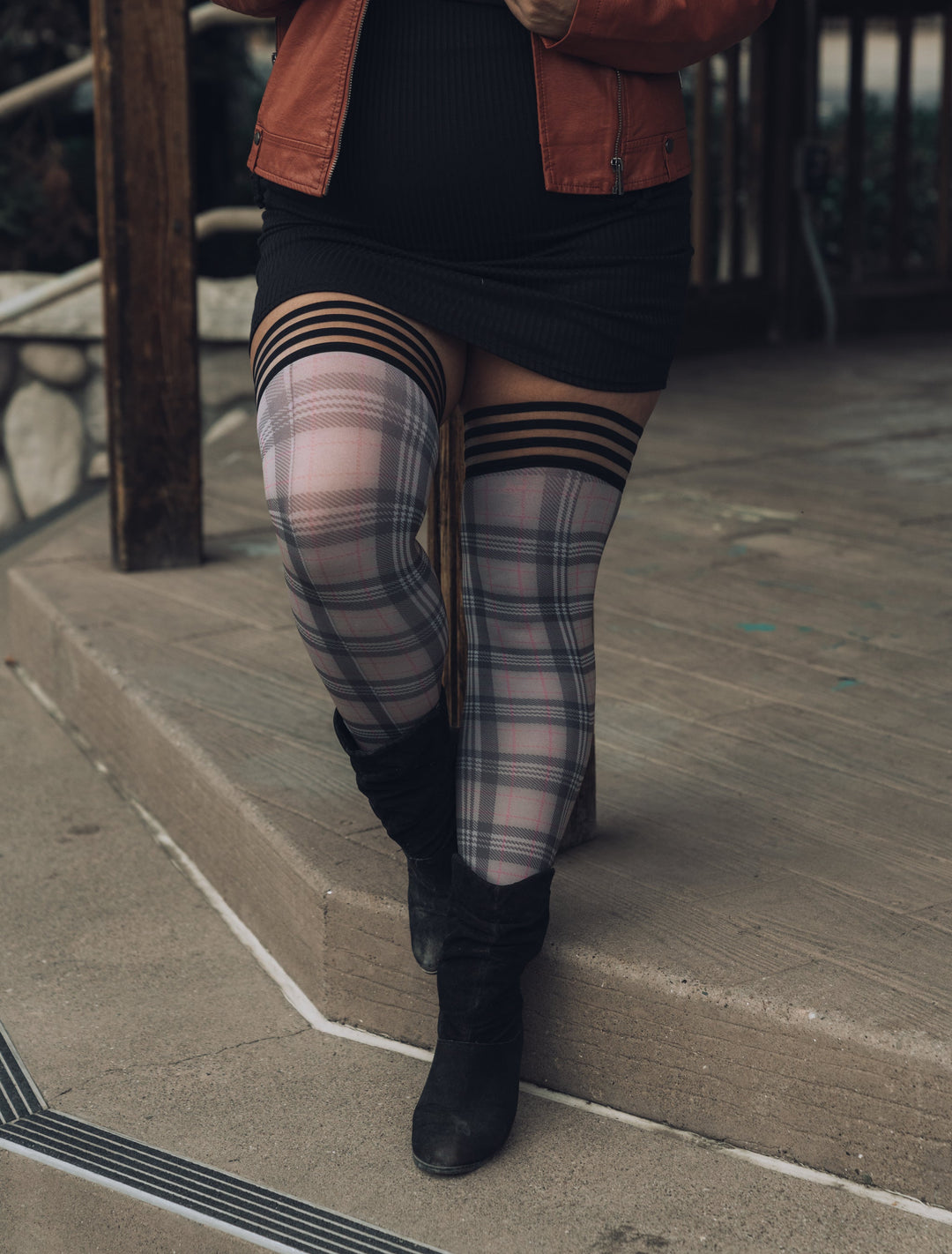 Lori: From Backroads to Boardrooms, Tan/Black Plaid Thigh Highs. Petite to Plus Size