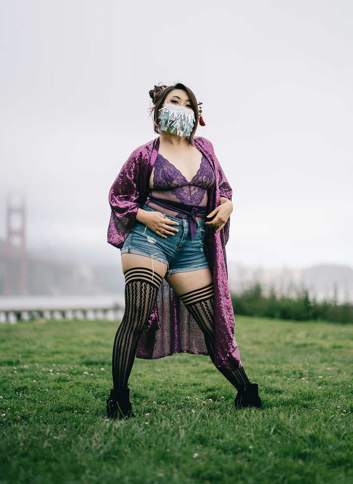 Lindsay: Foot Loose & Fancy Free, Footless Black Stripe Fishnet Thigh Highs. Petite to Plus Size