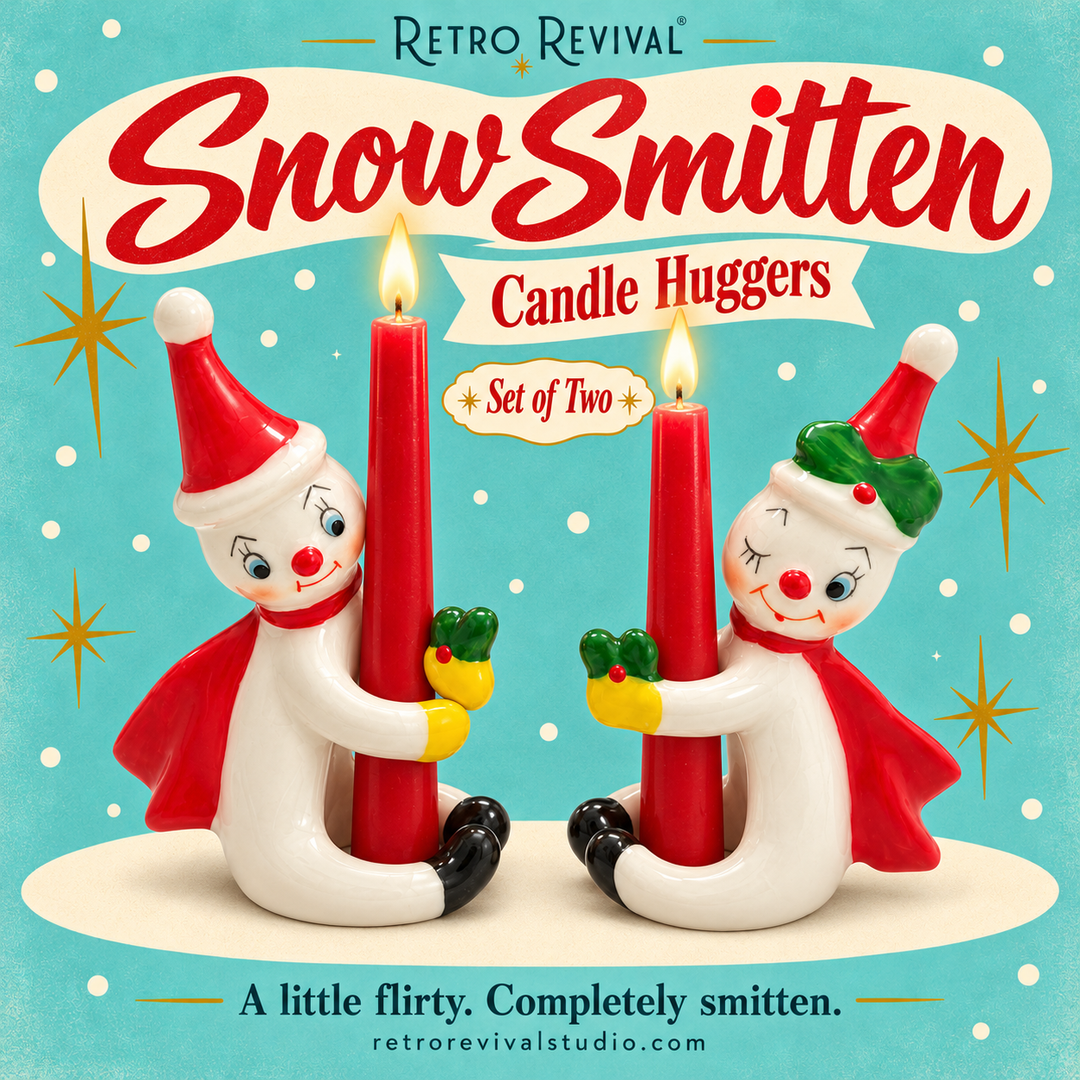 Retro Revival Snow Smitten Candle Huggers set of two, featuring white snowman figurines in red hats and scarves hugging red candles, on a turquoise background with retro starburst graphics.