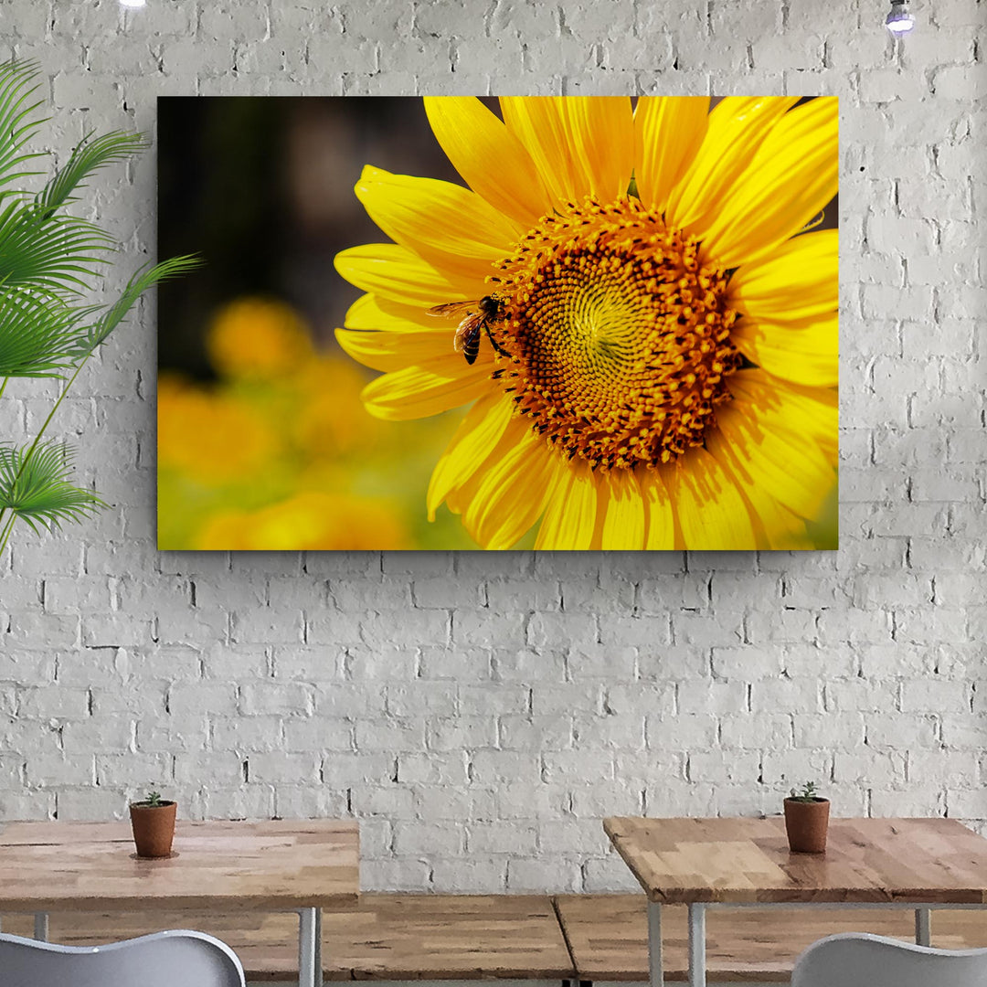 Bee On Sunflower Canvas Wall Art