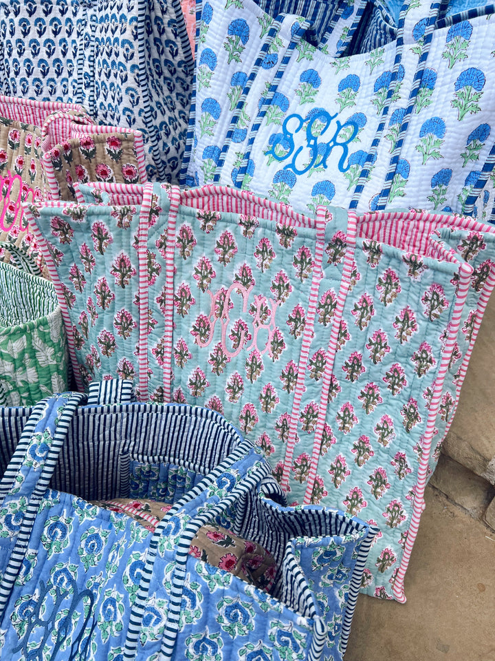 Quilted Block-Print Tote Bag