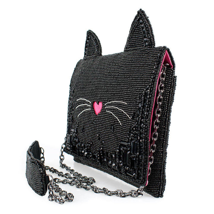 Kitty Couture Black and Pink Beaded Cat Crossbody Handbag
