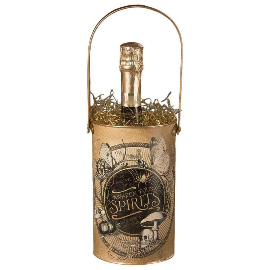 bethany lowe halloween spirits Bottle in a decorative paper sleeve with a spider and mushroom design on a white background