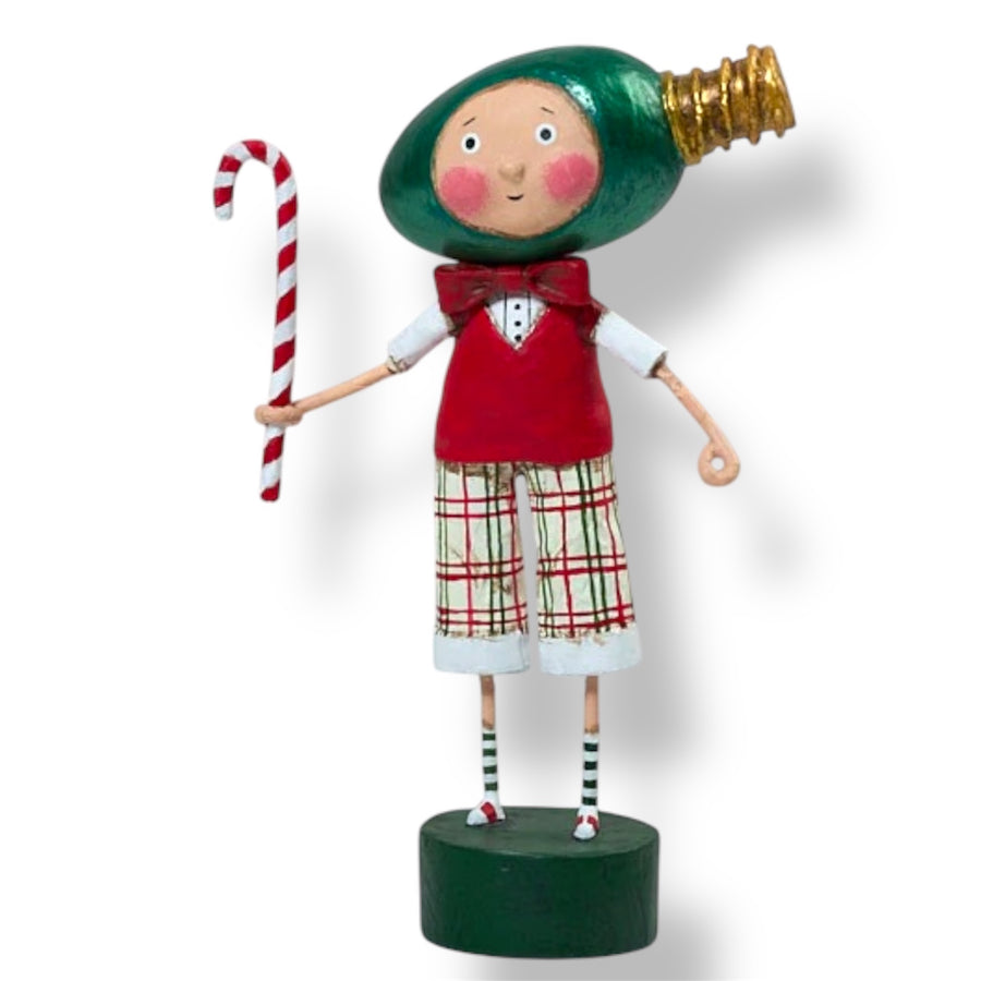 A whimsical Christmas figurine featuring a character with a green hat, red and white outfit, holding a candy cane, and standing on a green base.
