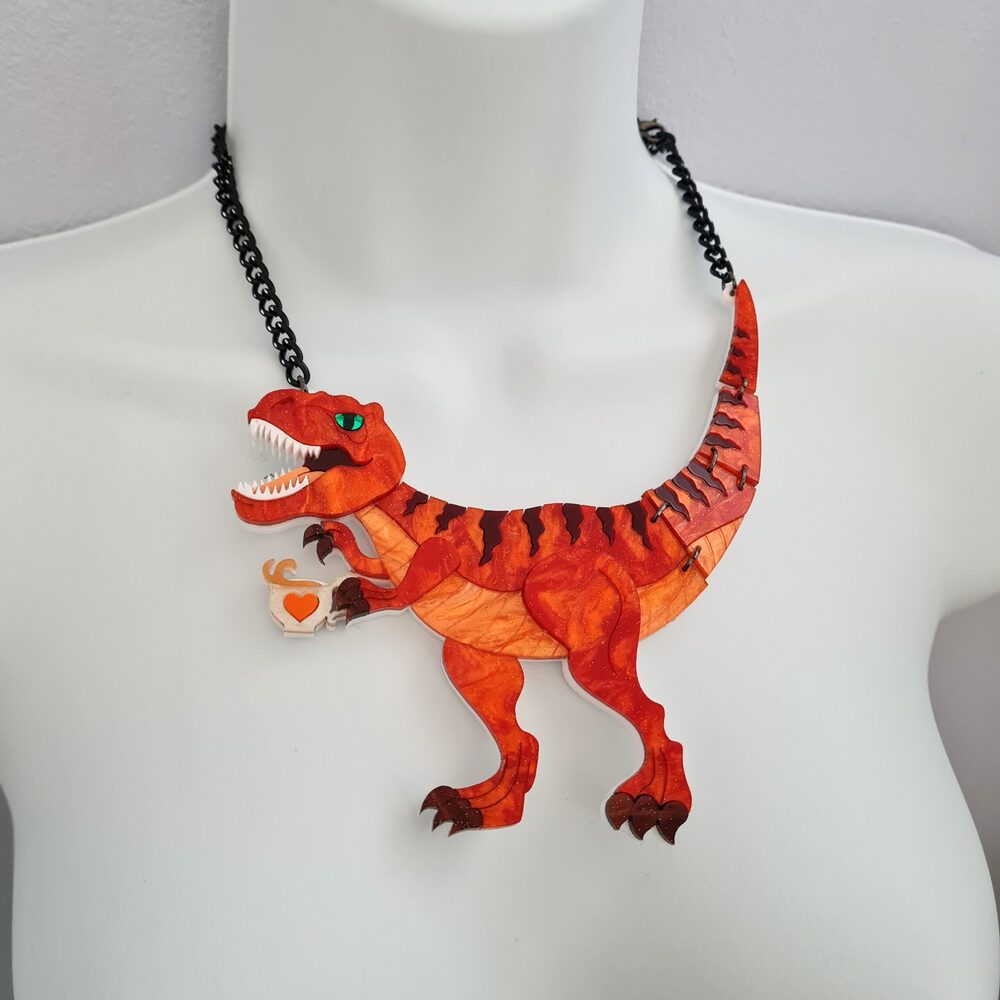 Autumn Tea Rex, T Rex, Dinosaur, Statement Necklace by Cherryloco Jewellery 2