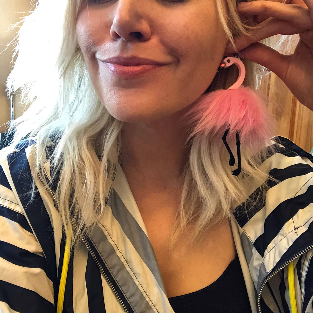 Pom Pom Fluff Pink Flamingo Earrings, Laser Cut Acrylic, Plastic Jewelry