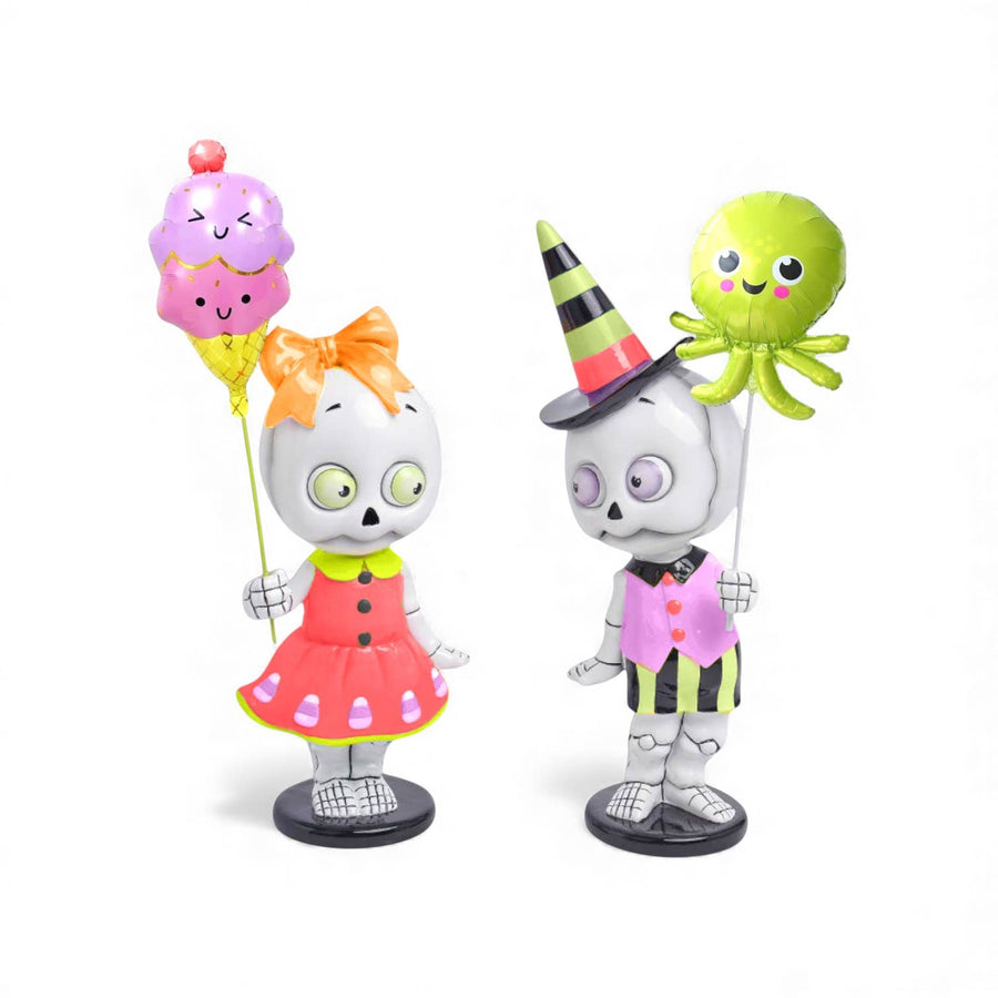 Set of two 13.5 inch summer skeleton kid figurines in swimwear, Summerween decor
