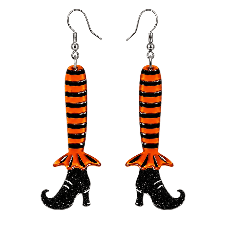 Witch legs acrylic earrings with orange and black stockings lipstick and chrome Johanna Parker Halloween