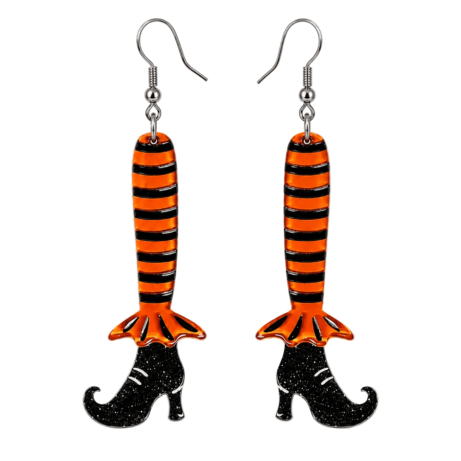 Witch legs acrylic earrings with orange and black stockings lipstick and chrome Johanna Parker Halloween