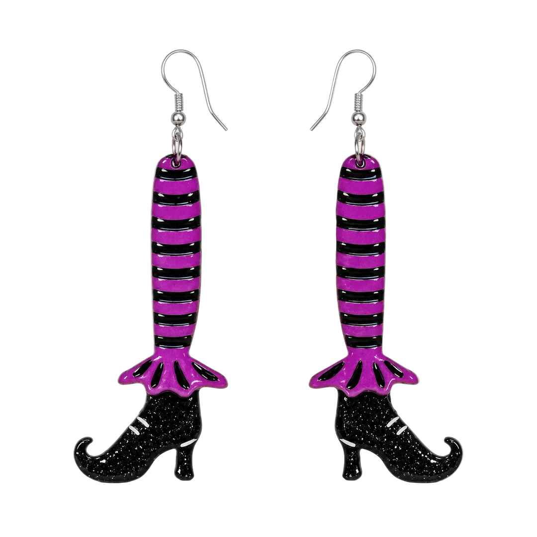 Witch legs acrylic earrings with purple stockings lipstick and chrome Johanna Parker Halloween