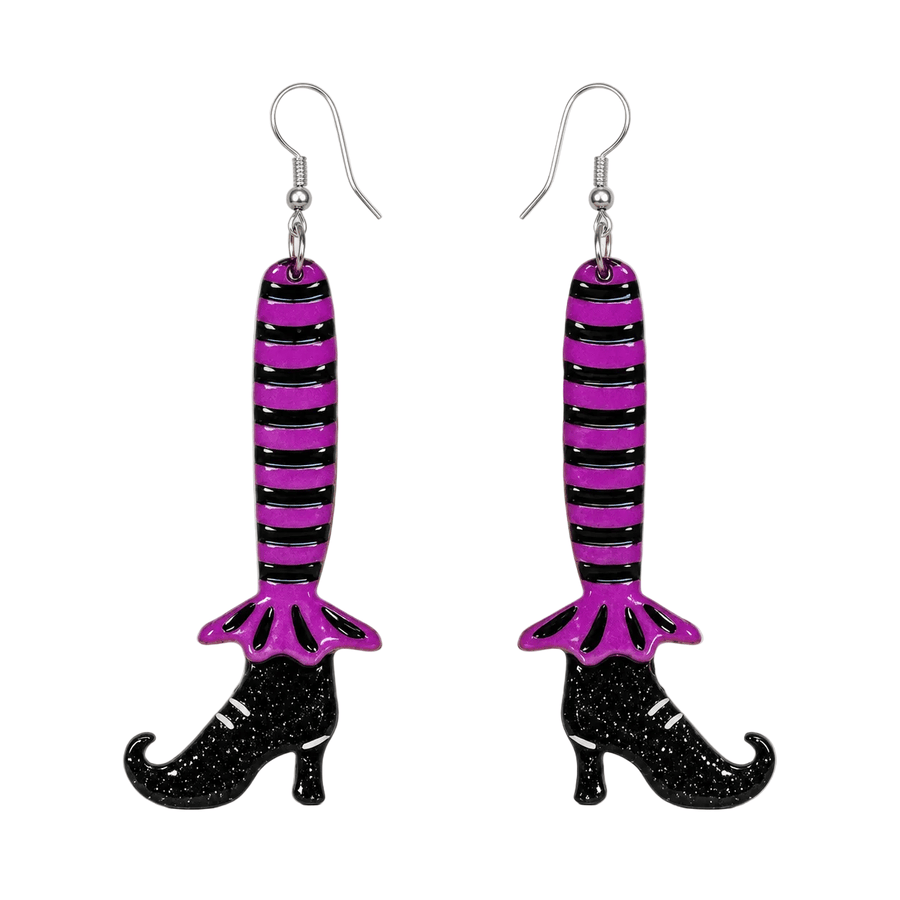 Witch legs acrylic earrings with purple stockings lipstick and chrome Johanna Parker Halloween