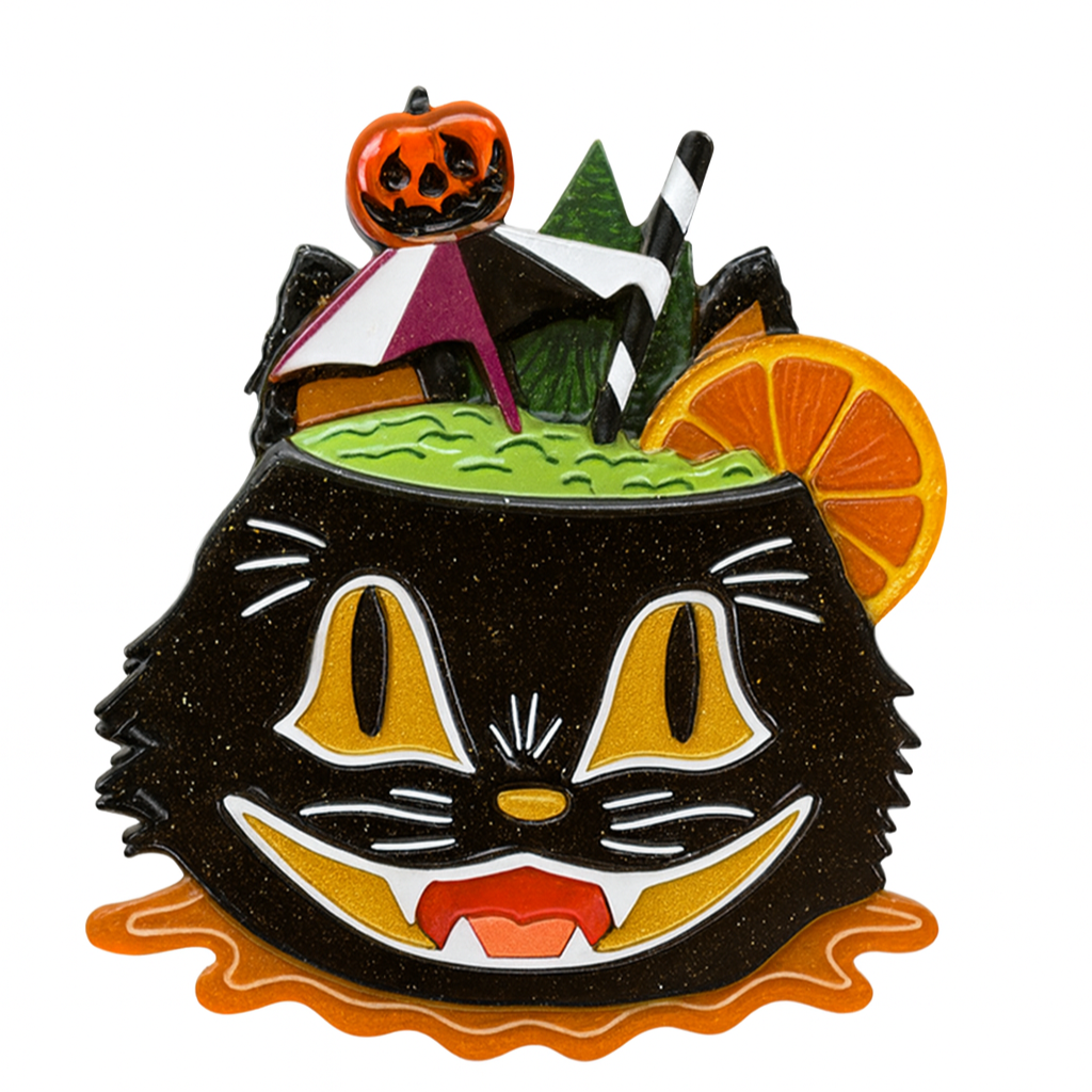 Halloween-themed tiki brooch with a black cat design on a white background