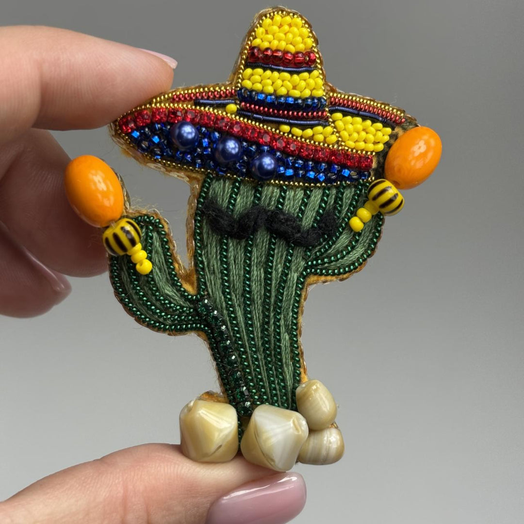 Beadwork kit for creating brooch Crystal Art Cheerful cactus BP-370C