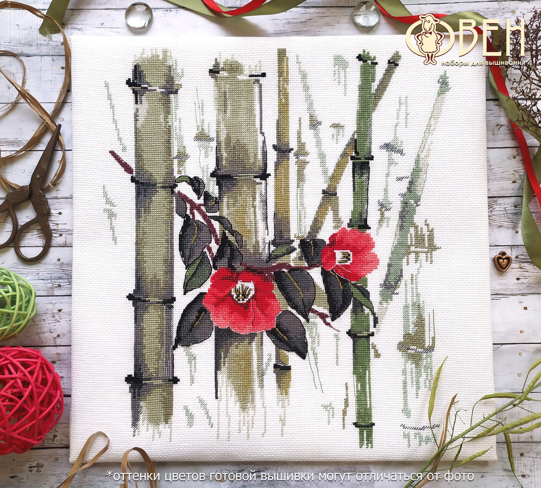 Camellias in bamboo grove 1268 Counted Cross Stitch Kit