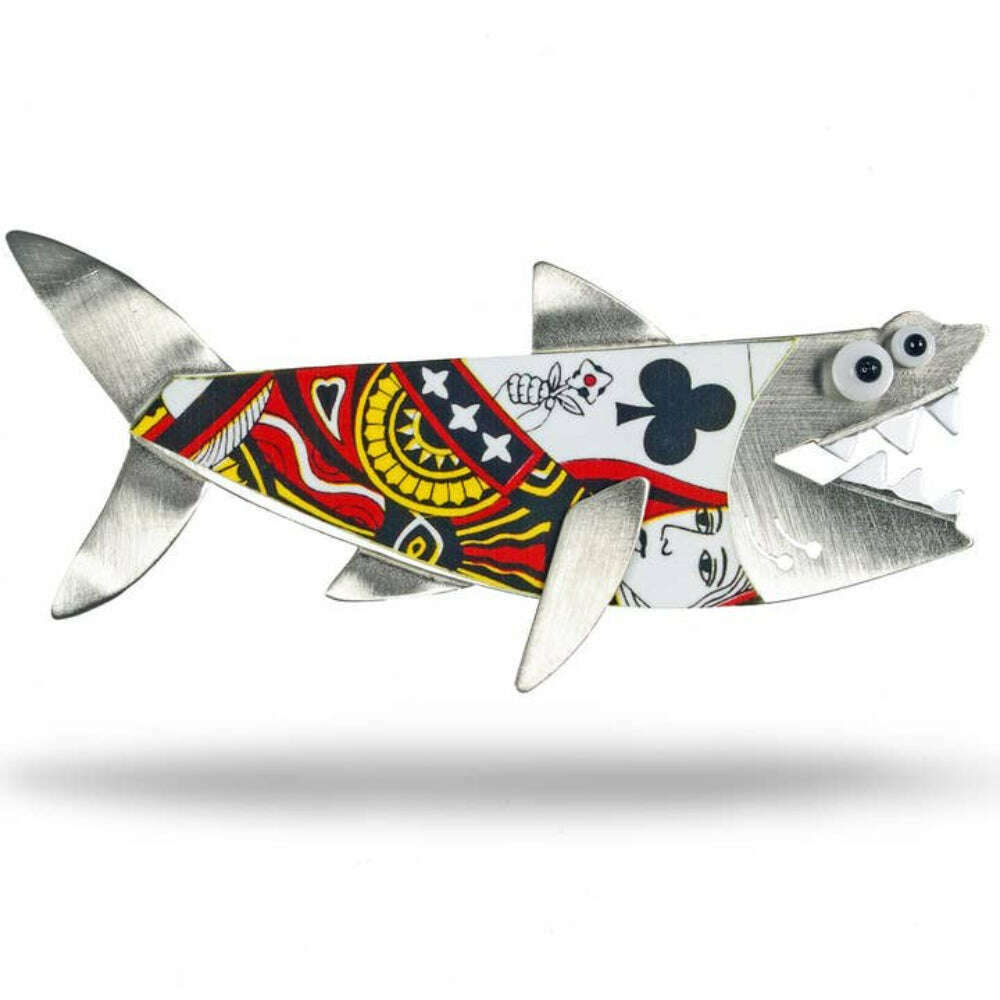 Chickenscratch Card Shark Brooch — handmade nickel silver shark holding a queen of hearts playing card, glass bead eyes, white enamel teeth, moving fin, artisan brooch