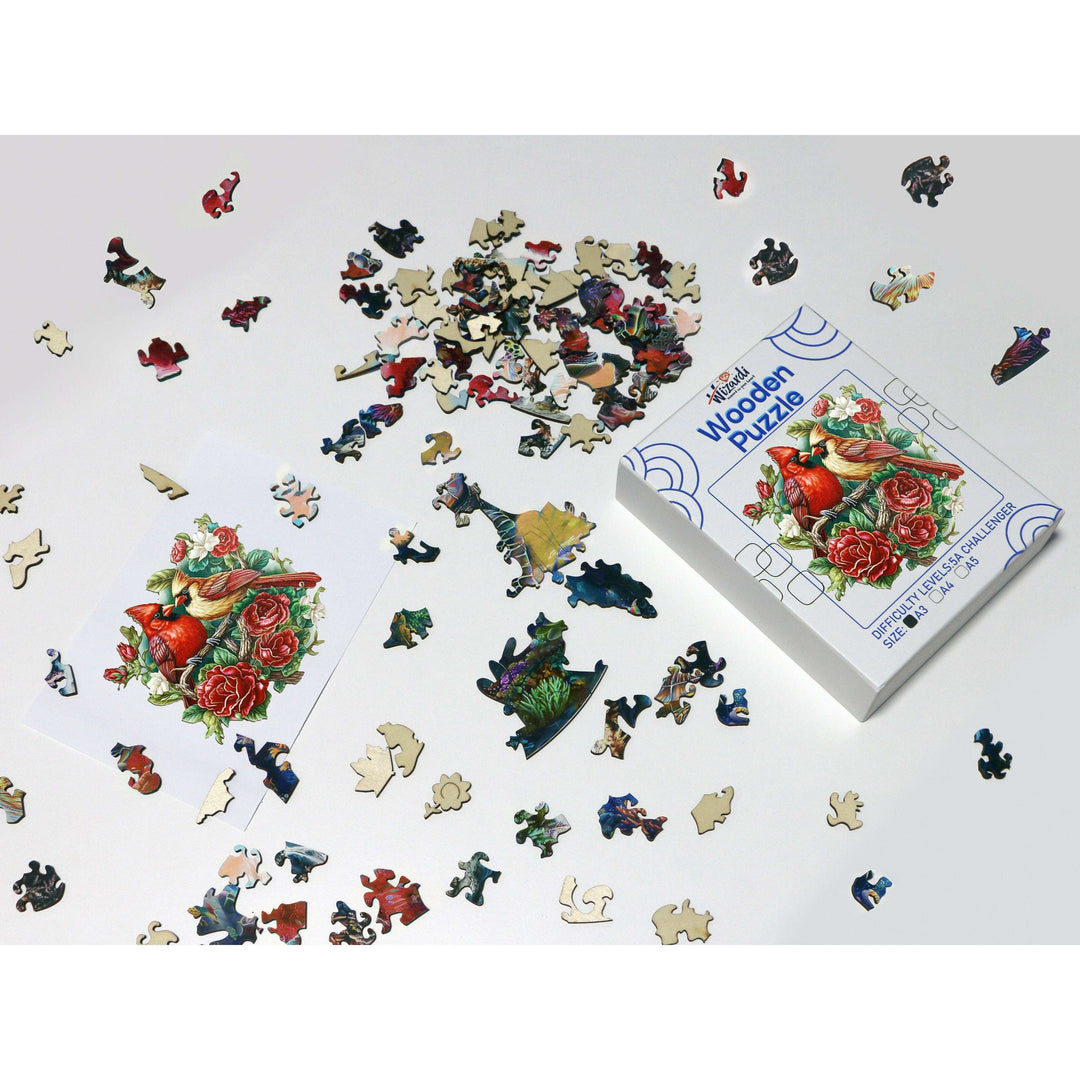 Cardinal and Roses - Jigsaw Wooden Puzzle by Wizardi F07N9-35