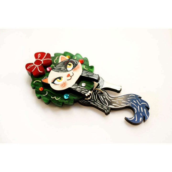Cat in A Christmas Wreath Brooch by Laliblue – view 3