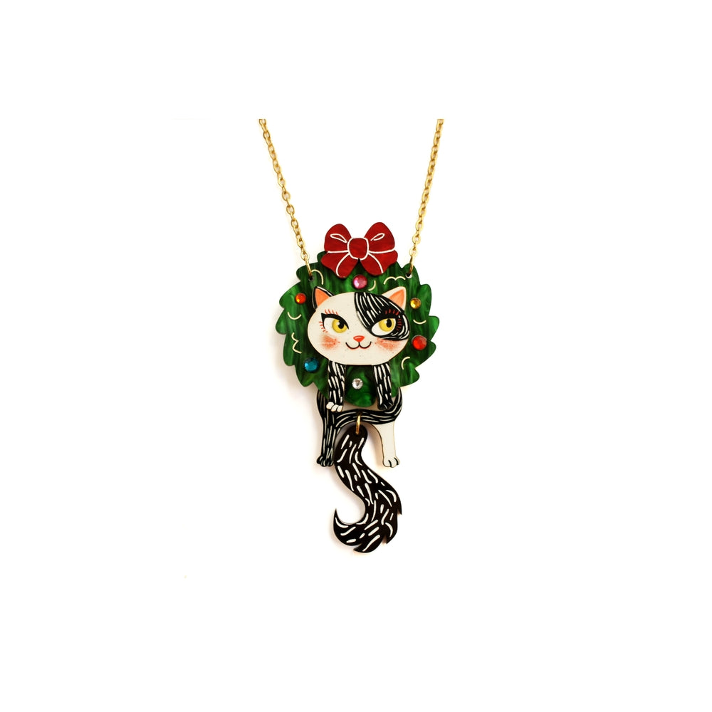 Cat in A Christmas Wreath Necklace by Laliblue 