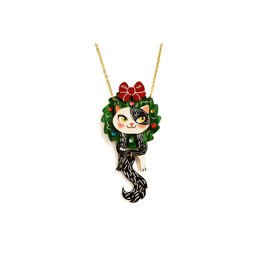 Cat in A Christmas Wreath Necklace by Laliblue 