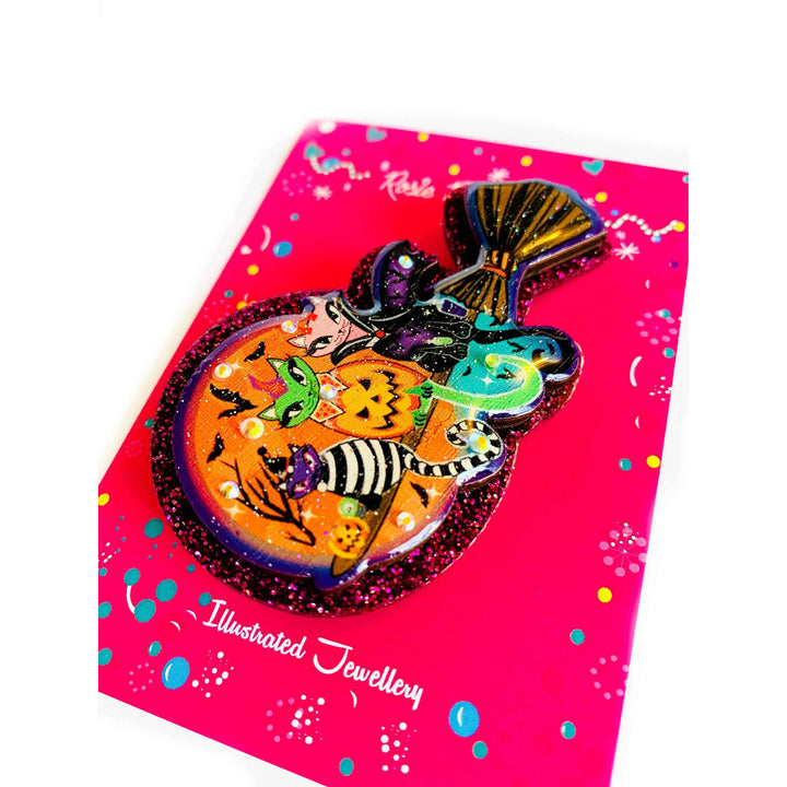 Cats on a Broomstick Brooch by Rosie Rose Parker