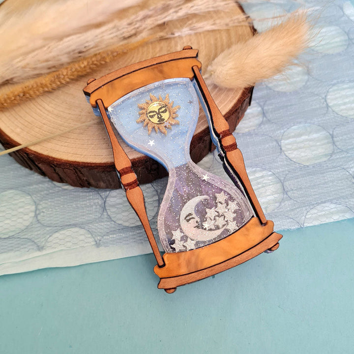 Celestial Sun And Moon Hourglass Brooch by Cherryloco Jewellery 2