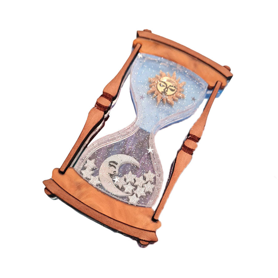 Celestial Sun And Moon Hourglass Brooch by Cherryloco Jewellery 1