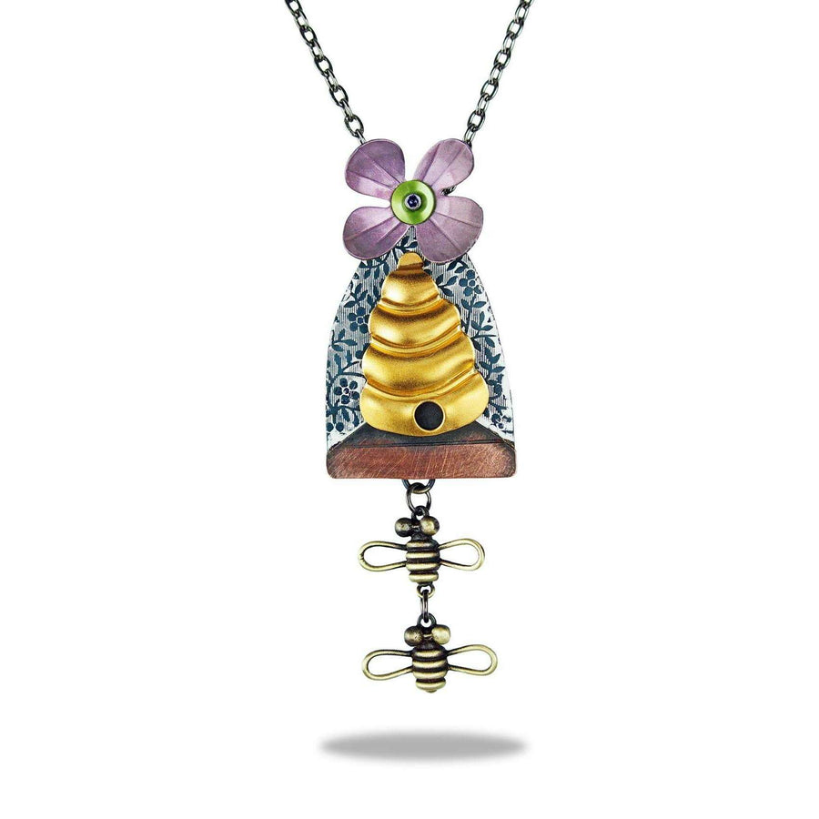 Bee Line Necklace (Pink) — cast brass bees with gold plated beehive and pink mica blossom by Chickenscratch