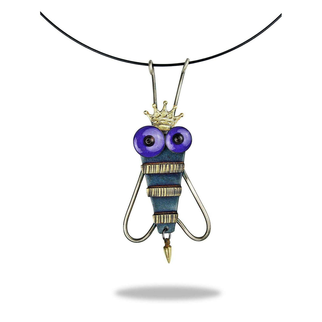 Queen Bee Necklace — articulated brass bee with gold leaf and purple epoxy resin eyes by Chickenscratch