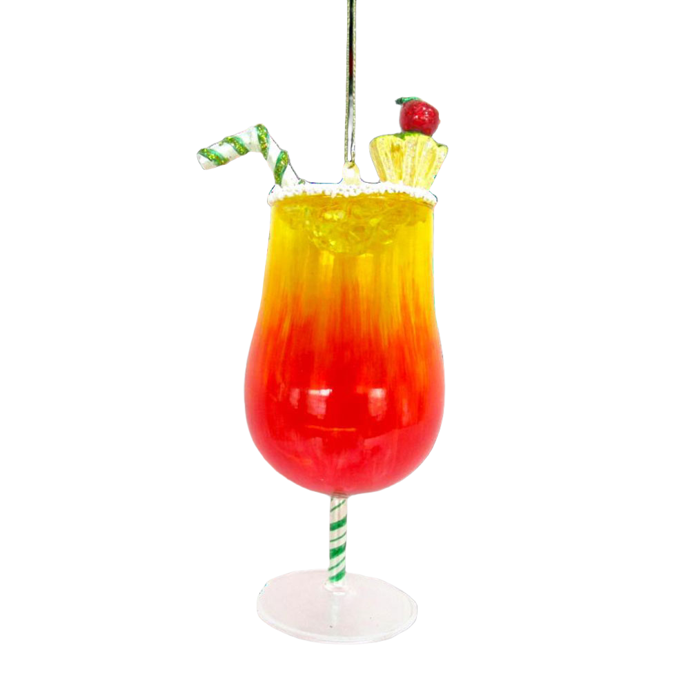 A decorative ornament resembling a Mai Tai cocktail with a red to yellow gradient and a green and white striped straw, topped with a festive umbrella and citrus garnish.