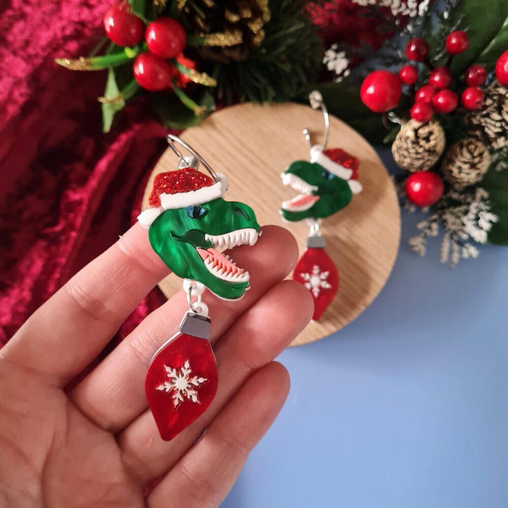 Christmas T-Rex Dinosaur Dangle Earrings by Cherryloco Jewellery 2