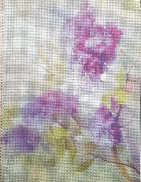 Blooming Lilacs Designer Printed AIDA Fabric. Canvas for embroidery with an applied background  KF-1095A