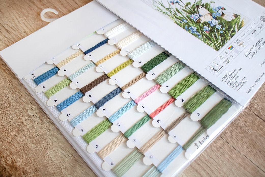 Counted Cross Stitch Kit Butterflies and bluebird flowers Leti939