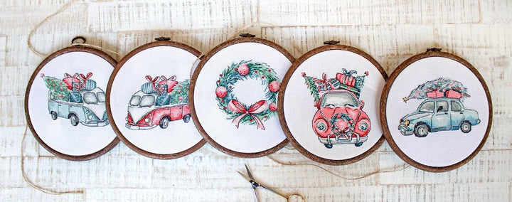 Counted Cross Stitch Kit Christmas Retro Cars / Kit of 5 Leti965