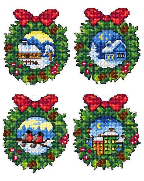 Counted cross stitch kit with plastic canvas "Christmas wreaths" set of 4 designs 7670