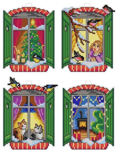 Counted cross stitch kit with plastic canvas "Winter windows" set of 4 designs 7674