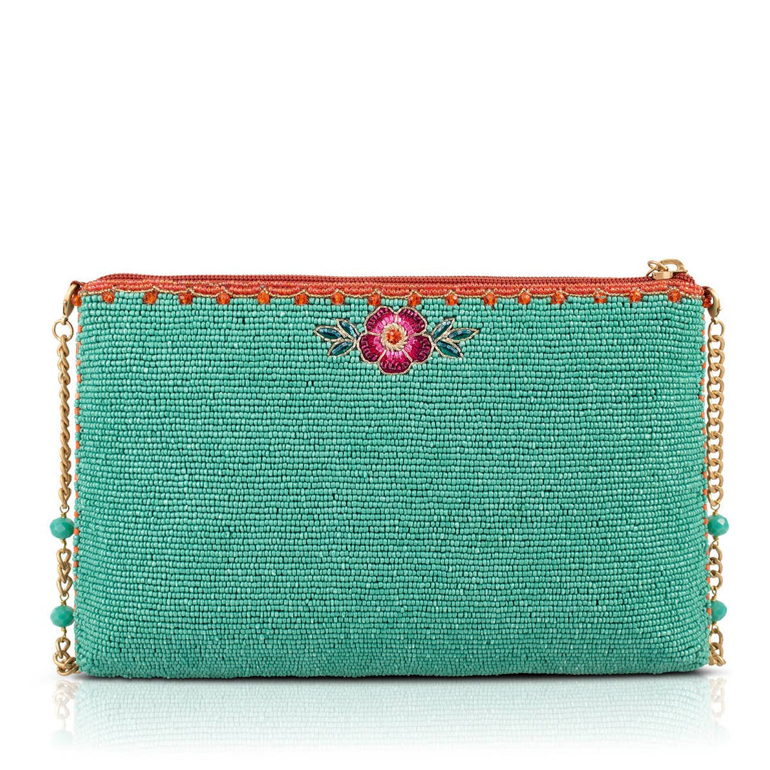 Two In Love Lovebirds and Heart on Turquoise Beaded Handbag