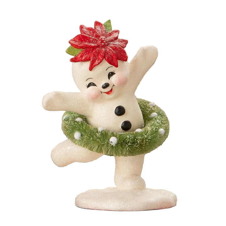 A festive white snowman figurine dancing with one arm raised, wearing a red poinsettia on its head and a green wreath around its waist, displayed on a red box with a blurred holiday background.