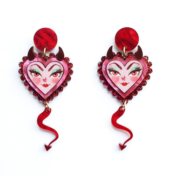 Devil Heart Earrings by Laliblue – Retro Statement Jewelry Laliblue by Laliblue, retro statement earrings, vintage-inspired design from Lipstick & Chrome