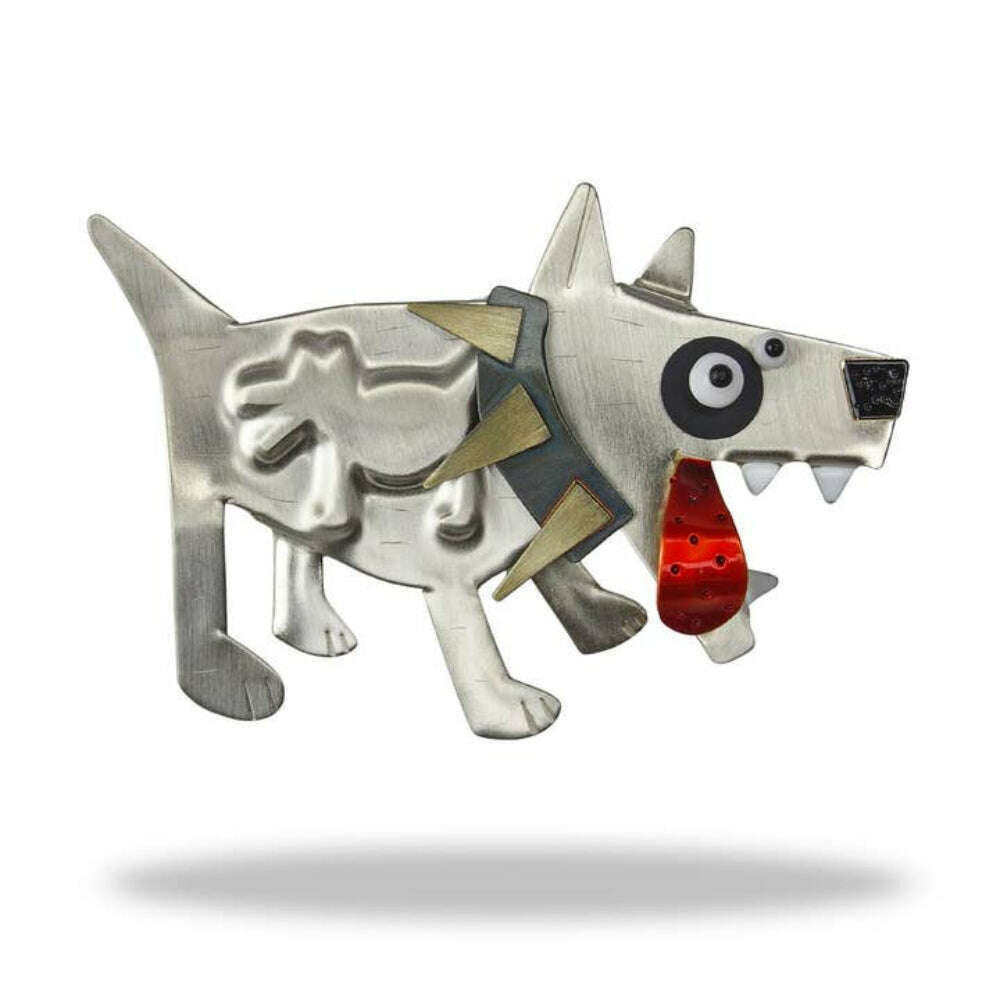 Chickenscratch Dog Eat Dog Brooch — handmade brass and silver-plated artisan brooch with dog-eating-dog design, red enamel tongue, and spiked collar