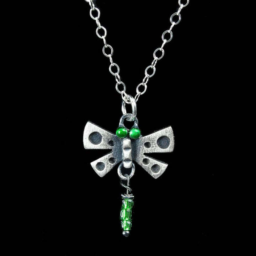 Chickenscratch Dragonfly Pendant detail — artisan sterling silver dragonfly charm necklace handmade in USA