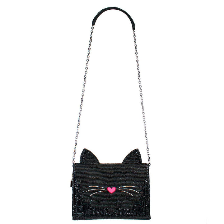 Kitty Couture Black and Pink Beaded Cat Crossbody Handbag
